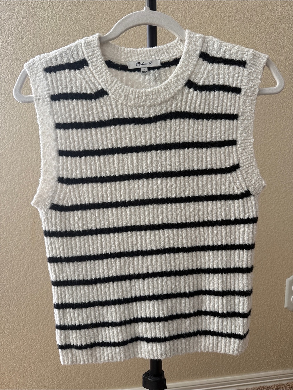 Madewell Black & Cream Striped Sleeveless Crew Sweater
